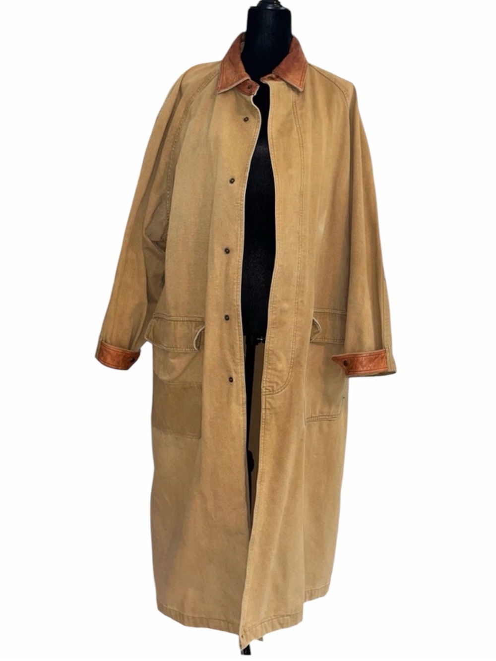 Vintage bohemian leather and canvas chore barn work trench coat men’s medium